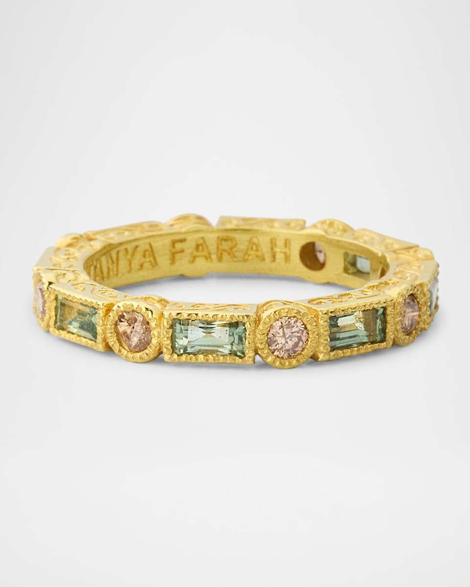 18K Yellow Gold Champagne Diamond and Green Sapphire Band Ring